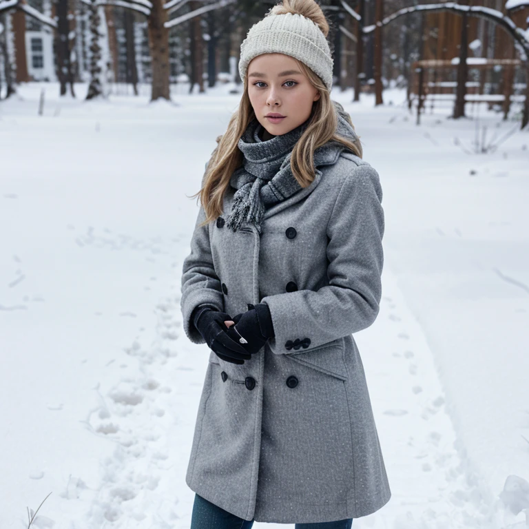 Zara Larsson in the snow wearing a coat and scarf