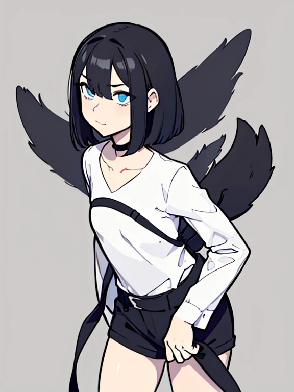 drawing style,(Blank background),((Flat chest)),(Front photo), (Black women and whature,((Delicate chest)),(High cold),or, or, He smiles,Monochrome, Blank stare, Dead fish eyes, Exquisite beauty,Half-covered eyes, Indifferent expression, Black and white photo, Monotonous, Unemotional, Single,(Single),Weak explosions,Straight tight,Above the waist,((black short hair )),(Blue eyes),((White shirt)),shirt,Weak explosions