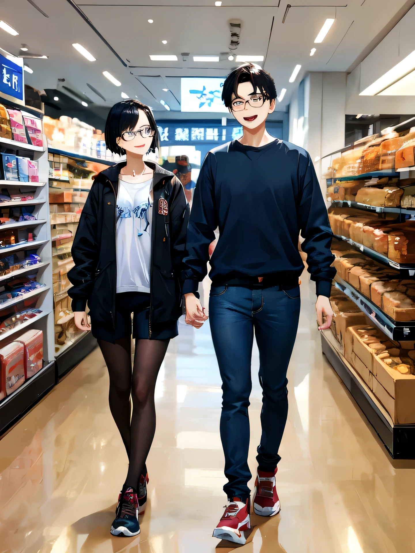 happy couple、(Bob Black Hair Short Hair Cute Woman 20 Years Old Cute Green Eyes Glasses)and(Black short hair young tall man 25 years old)、In shopping、break、perfect anatomy、masterpiece:1.4、highest quality、8k、Beautiful detailed growth、Fantastic expression。