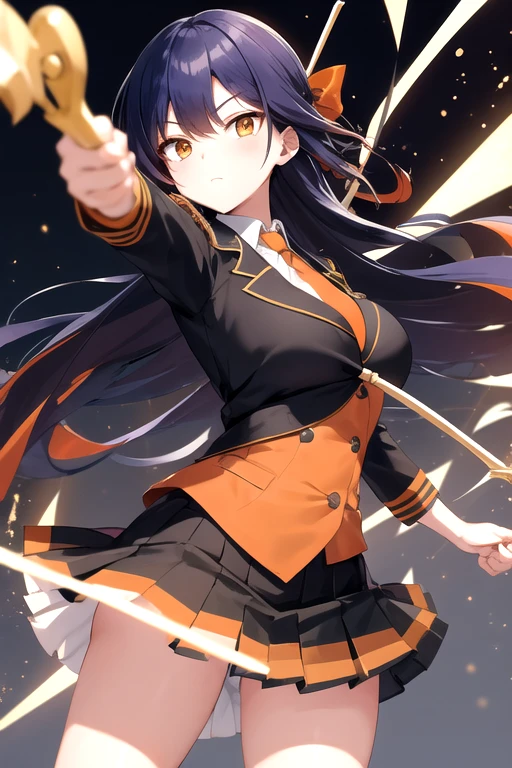 a cartoon woman in uniform holding a bow and arrow in front of her, kureha touka, 1girl, solo, teenager, 17yo, large breasts, orange pleated skirt,platinum hair, long hair, diagonal bang, gold eyes, black blazer, pleated skirt, white things high, orange neckties, collerd shirts, ,