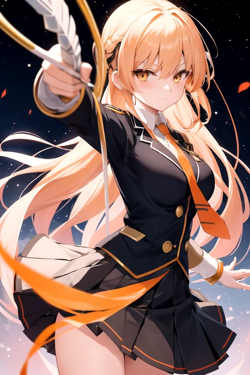 a cartoon woman in uniform holding a bow and arrow in front of her, kureha touka, 1girl, solo, teenager, yo, large breasts, orange pleated skirt,platinum hair, long hair, diagonal bang, gold eyes, black blazer, pleated skirt, white things high, orange neckties, collerd shirts, ,