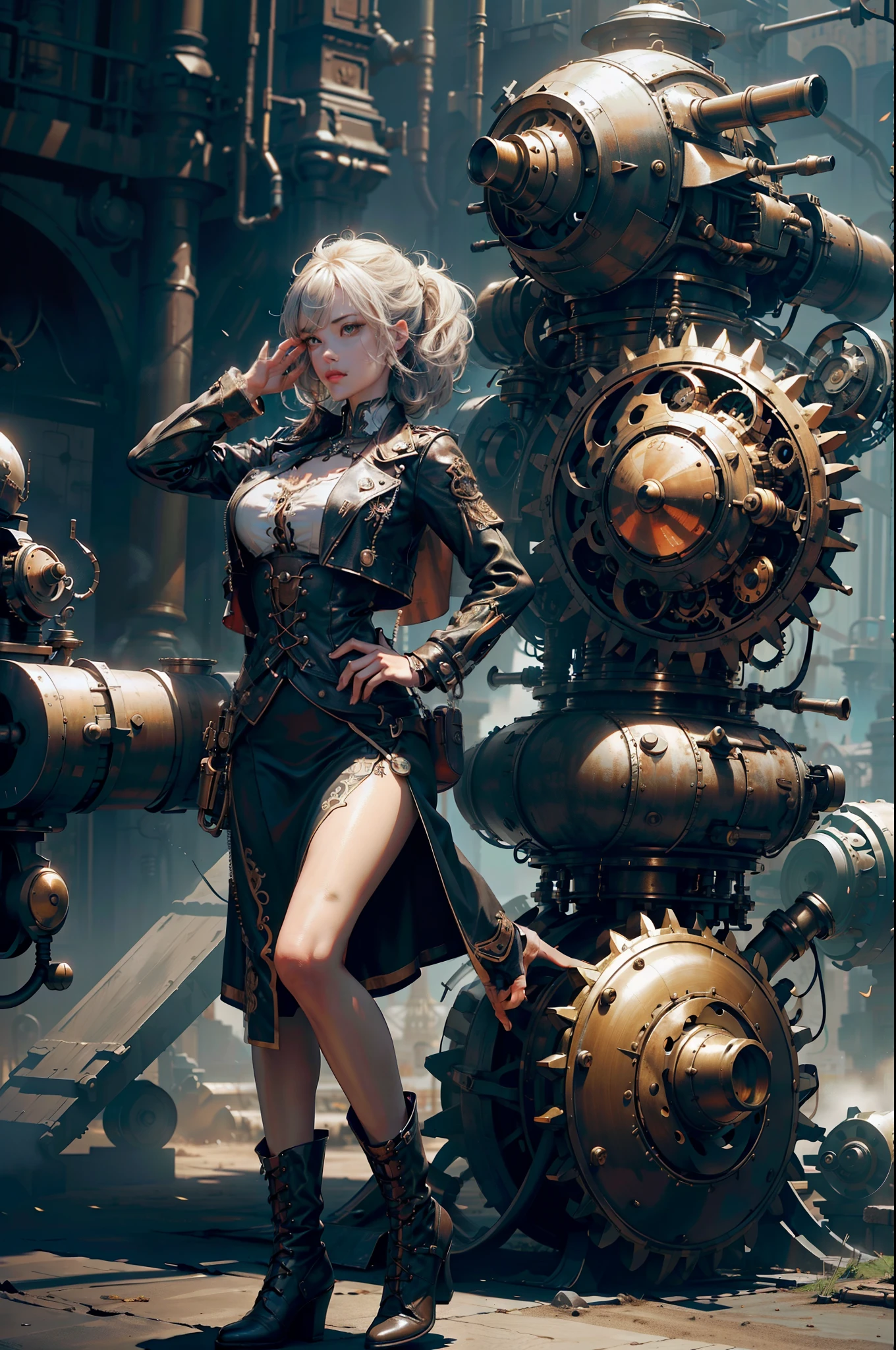 steampunk, BDSM、((table top)), (最high quality), nffsw, retina, Accurate, ((anatomically correct)), rough skin, Super detailed, advanced details, high quality, award-winning, 最high quality, High resolution, 8K, cast a shadow, anaglyph, stereogram, atmospheric perspective, surrealism, Depth of the bounds written, reflected light, Backlight, outside the border, move the chart, outside the frame, dutch angle, dutch angle, cowboy shot, 8K, Super detailed, Accurate, one girl, Shiny silver bangs, , long eyelashes, solid circle eye, ((very shiny skin)), (Juicy skin), Very shiny clothes,Leather lace-up boots、 outside the house, Complex mechanical devices, Machine Wall, Gigantic Cogwheel, Countless gears, There are lots of pipes, Steam eruptions, spark of light, Many instruments,action pose, Place your left hand on your hip、Raise your right arm, spread your arms out to the sides, spread your legs,