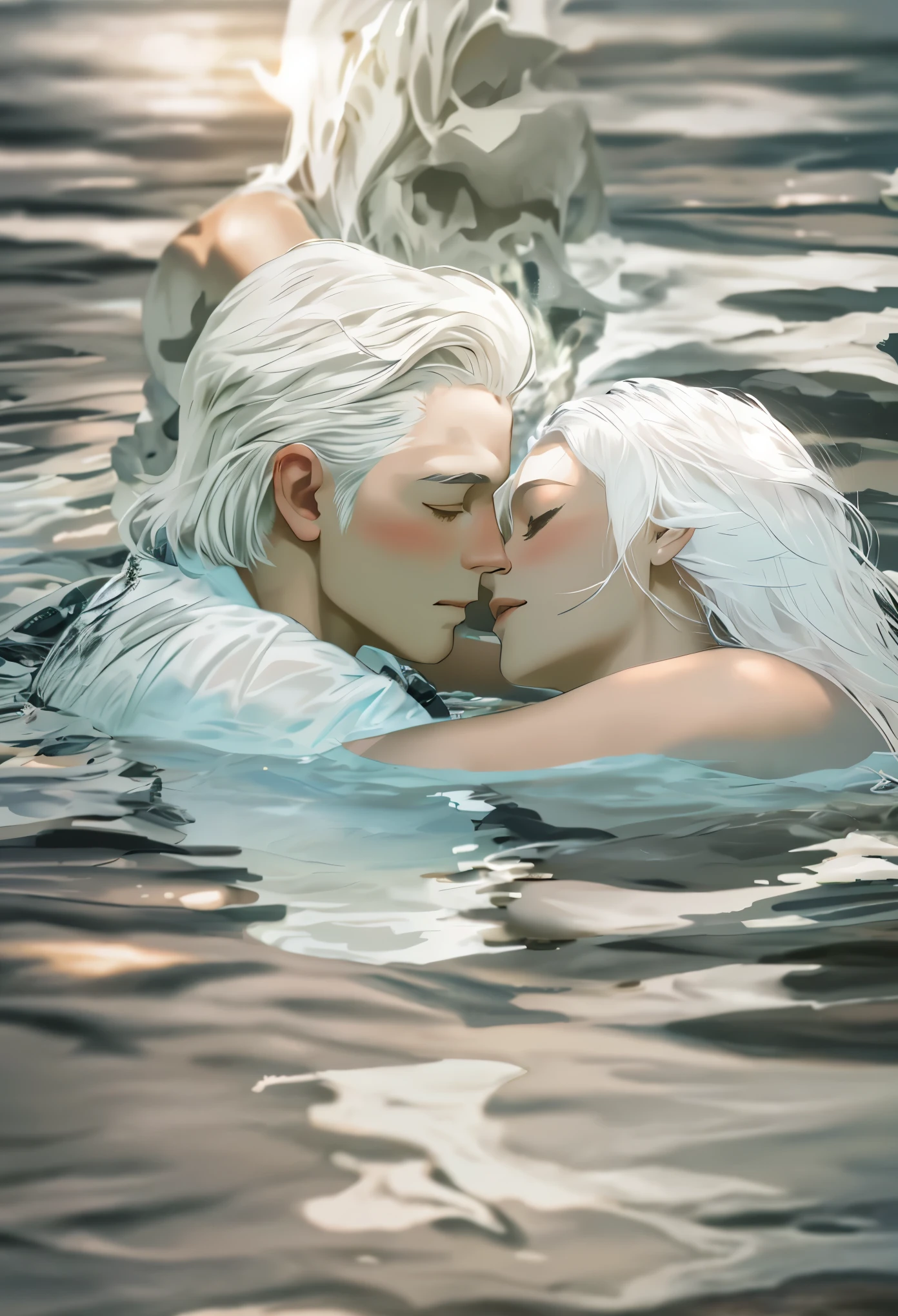 A guy with white hair and a girl with dark hair lying on the water hug each other and are consumed by fire