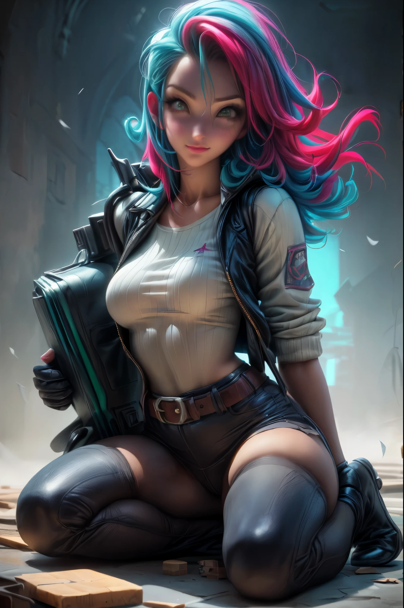 ((long shot:1.6)), Unreal Engine:1.4, Ultra Realistic CG K, Photorealistic:1.4, Skin Texture:1.4, ((artwork ****ung woman full body:1.5)), ((red hair green eyes, full lips and a sensual smile:1.5)), punk-style hairstyle with a shaved side, tattoos, Gatling gun, box, looking at the viewer, dynamic pose, blows, ammunition belt, gloves, large breasts, Shootout, Extremely detailed:1.4, more detailed, optical mix, playful patterns, animated texture, unique visual effect, pink leather miniskirt, pink jacket, masterpiece, background an abandoned place with scrap metal, ((colors, cyan, green, pink, brown : 1.2)), ((8k realistic digital art.)), 32k