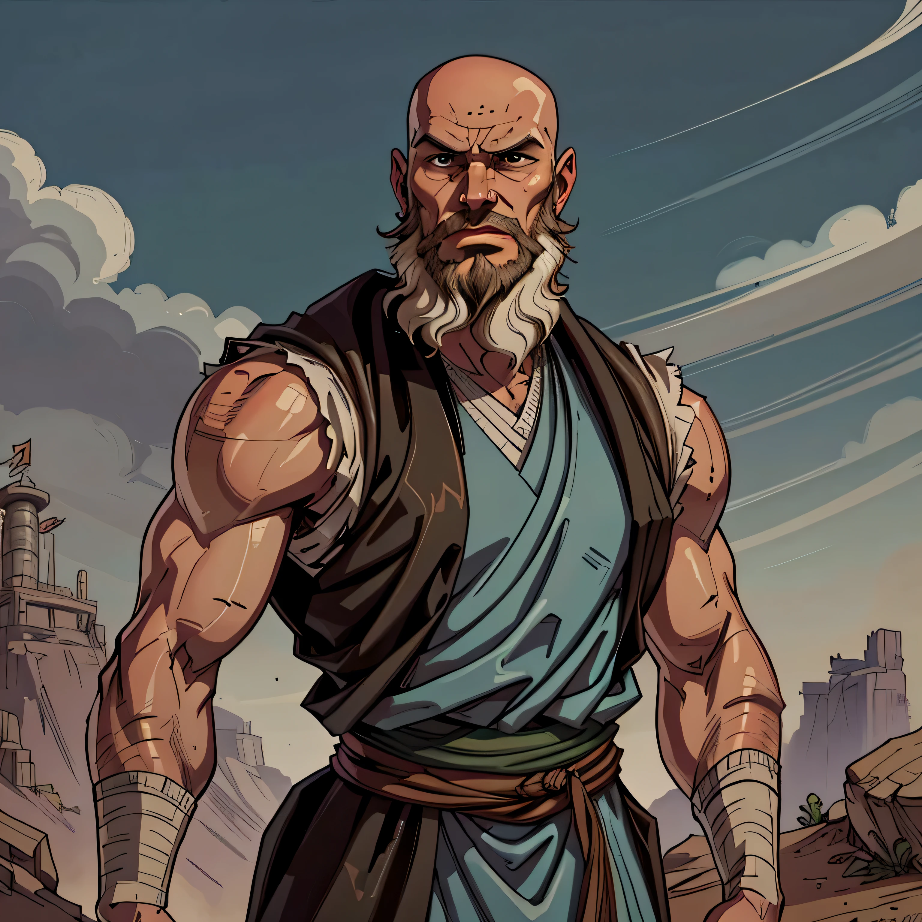 best quality image, man, 30s, bald, beard, wearing prophet's clothing, biblical style, looking straight ahead, serious expression, standing on a mound, biblical style, Hebrew