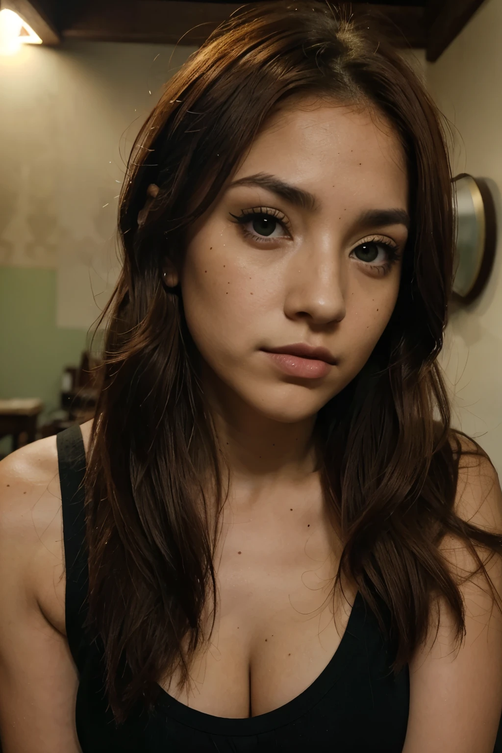 Chica pelirroja, ojos verdes oscuro, mirada oscura y triste, nariz fina, labios finos, pecas, flequillo adulta