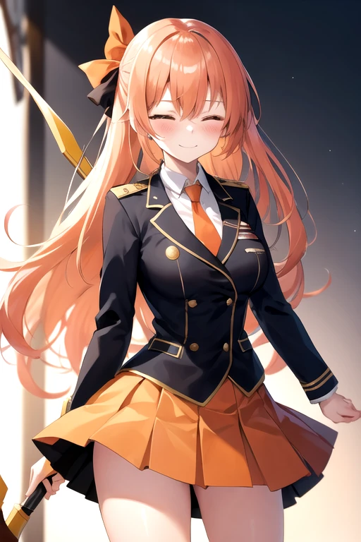 closed eyes, embrassed, blush, a cartoon woman in uniform holding a bow and arrow in front of her, kureha touka, 1girl, solo, teenager, 17yo, large breasts, orange pleated skirt,platinum hair, long hair, diagonal bang, gold eyes,  black blazer, pleated skirt, white things high, orange neckties, collerd shirts, ,