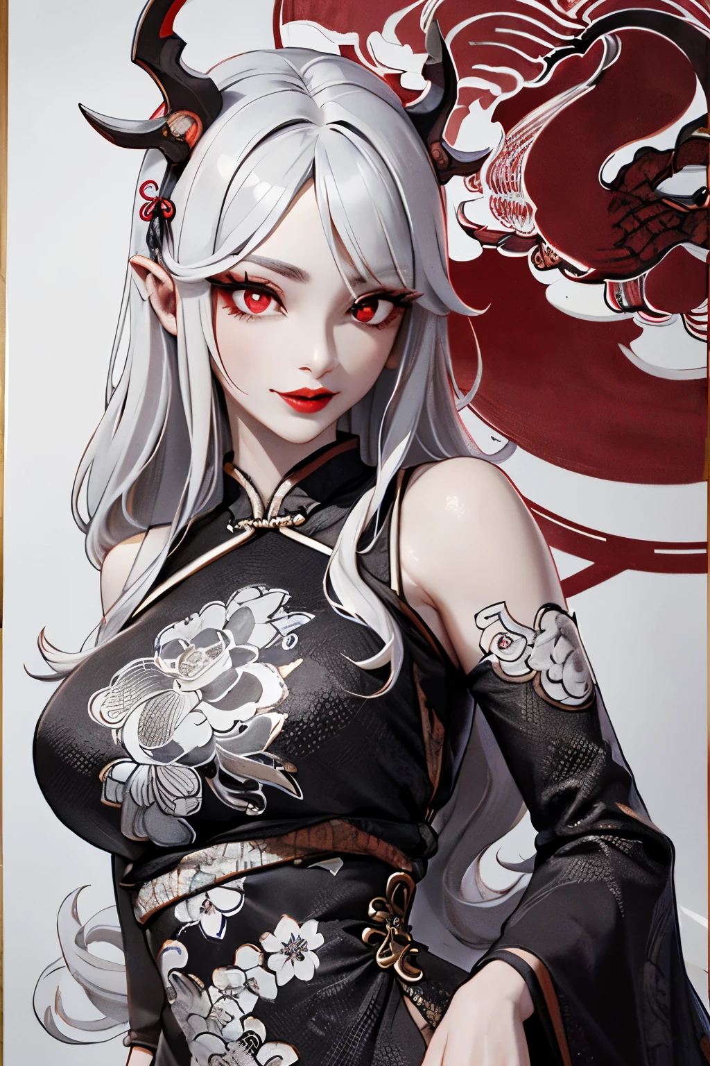 Wearing a Chinese dress with red dragon pattern, mid-chest, waist, detailed eyes, detailed red lipstick, detailed face, red eyes, long eyelashes, wavy, traditional Chinese ink painting, masterpiece, monochrome