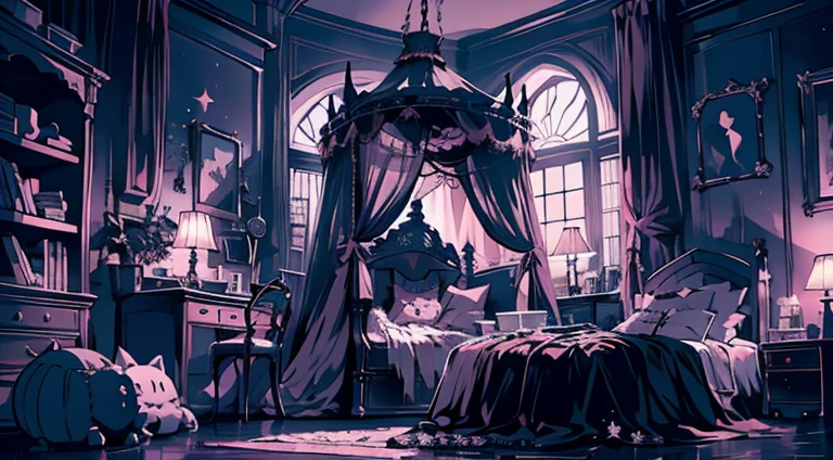 background、highest quality、detailed、gothic atmosphere、Room illustration、、Illustration in black and pink tones、spacious room、night、深night、窓から美しいnight空、lace curtains、Gothic bed、one chandelier、Gothic furniture、bookshelf、Plush rug、There are no living things、wide range composition、Deformed illustration、dark atmosphere、nightの静けさ、starry sky、Crescent Moon、Crescent Moonと星の電飾、Nobody is here