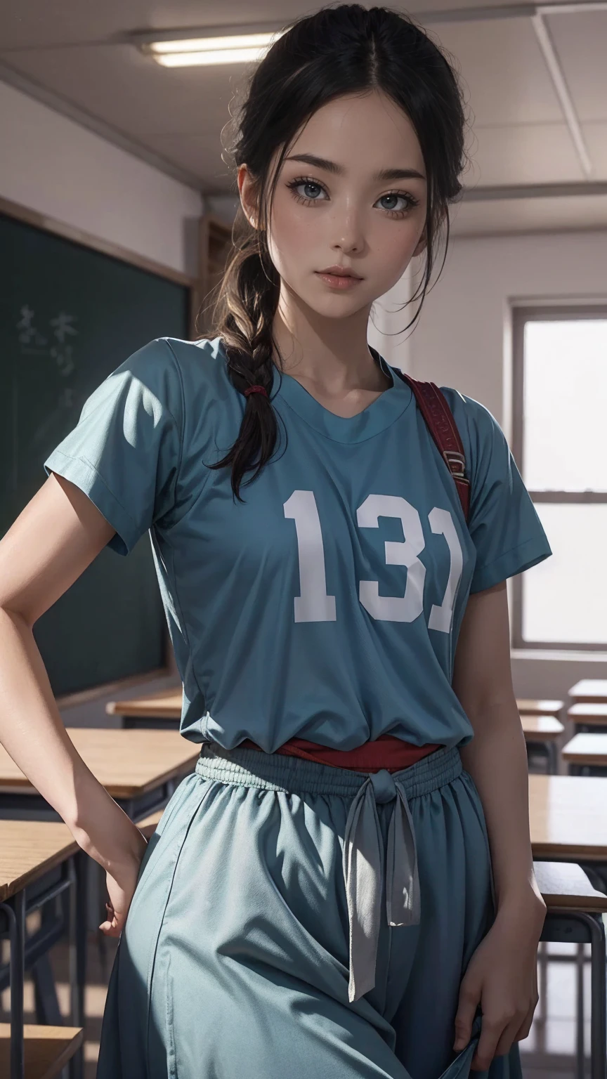 ((最high quality, 8K, masterpiece: 1.3, Ultra HD, high quality, 最high quality, High resolution, realism)) 、(high color saturation:1.0), (highly detailed skin), (最high quality:1.0), (超High resolution:1.0) ,(realistic:1.0), (Super detailed:1.0), (8K, Raw photo:1.1), slender、Slender, muscular body that's toned like an athlete's、Japanese high school classroom、One high school girl after school