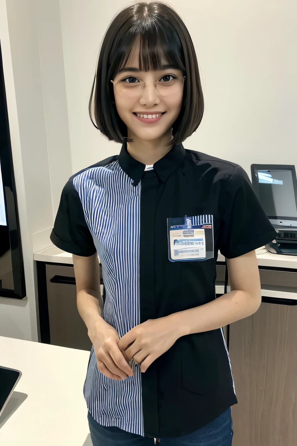 (masterpiece:1.4), (best quality:1.4) ,8K,cinematic lighting,((best quality)), (masterpiece) , (realistic shadow) , (depth of field),(intricate details:1.4), 1girl,Japanese,(Black short hair with asymmetrical bangs:1.3),Happy smiling face,(Slender body:1.4),Glasses,konbini, scenery, shop, indoors,LAWSONU, employee uniform, uniform,id card, striped, shirt, pants, standing,