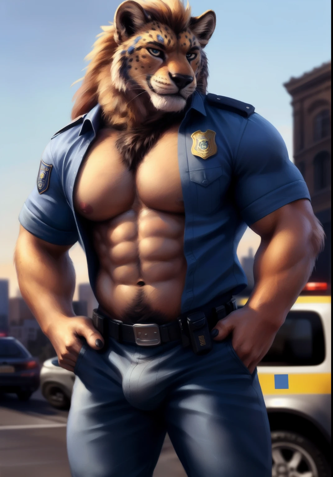 Leopon, hybrid, long mane, big mane, male, solo, adult, abs, big pecs, nipples, older, strong muscles, detailed face, beautiful eyes, detailed eyes, police outfit, police shirt, open shirt, muscular chest, muscular, happy face, bodybuilder body, beefy, city and police car, blue jeans pants, bulge, looking at viewer, by bruteandbrawn, by personalami, by kenket, (intricate, high detail, film photography, soft focus, RAW candid cinema,
photorealism, realistic, photorealistic, analog style, subsurface scattering,
masterpiece, best quality, ultra realistic, 8k)