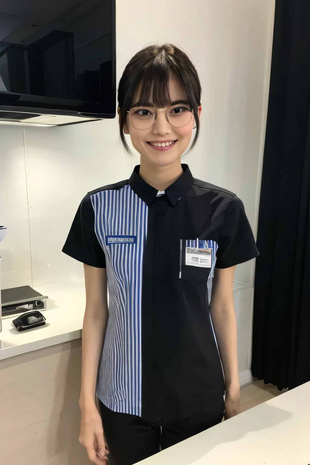 (masterpiece:1.4), (best quality:1.4) ,8K,cinematic lighting,((best quality)), (masterpiece) , (realistic shadow) , (depth of field),(intricate details:1.4), 1girl,Japanese,(Black short hair with asymmetrical bangs:1.3),Happy smiling face,(Slender body:1.4),Glasses,konbini, scenery, shop, indoors,LAWSONU, employee uniform, uniform,id card, striped, shirt, pants, standing,