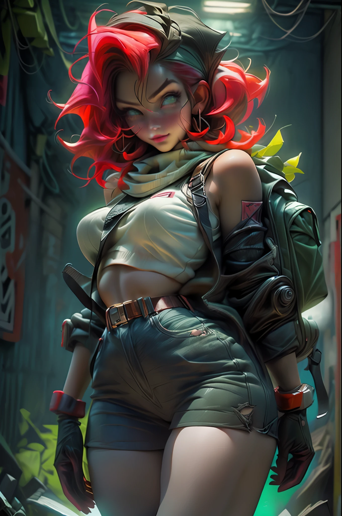 ((long shot:1.6)), Unreal Engine:1.4, Ultra Realistic CG K, Photorealistic:1.4, Skin Texture:1.4, ((artwork ****ung woman full body:1.5)), ((red hair green eyes, full lips and a sensual smile:1.5)), punk-style hairstyle with a shaved side, tattoos, Gatling gun, box, looking at the viewer, dynamic pose, blows, ammunition belt, gloves, large breasts, Shootout, Extremely detailed:1.4, more detailed, optical mix, playful patterns, animated texture, unique visual effect, pink leather miniskirt, pink jacket, masterpiece, background an abandoned place with scrap metal, ((colors, cyan, green, pink, brown : 1.2)), ((8k realistic digital art.)), 32k