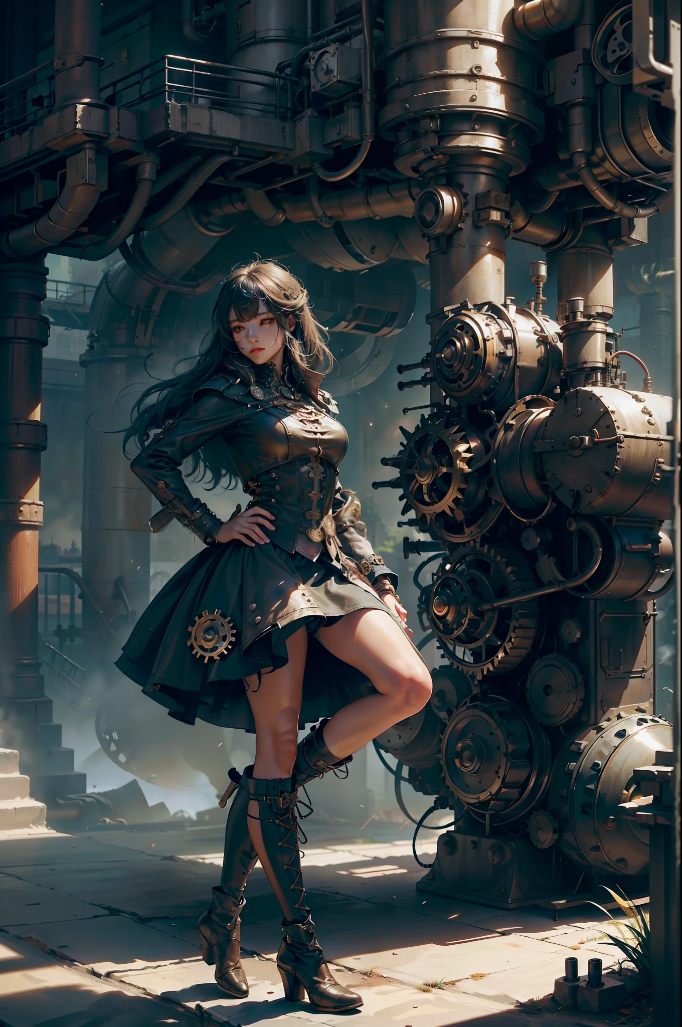 steampunk, BDSM、((table top)), Long lace-up boots up to the knee、(最high quality), nffsw, retina, Accurate, ((anatomically correct)), rough skin, Super detailed, advanced details, high quality, award-winning, 最high quality, High resolution, 8K, cast a shadow, anaglyph, stereogram, atmospheric perspective, surrealism, Depth of the bounds written, reflected light, Backlight, outside the border, move the chart, outside the frame, dutch angle, dutch angle, cowboy shot, 8K, Super detailed, Accurate, one girl, Beautiful long black hair with bangs, , long eyelashes, solid circle eye, ((very shiny skin)), (Juicy skin), Very shiny clothes, outside the house, Complex mechanical devices, Machine Wall, Gigantic Cogwheel, Countless gears, There are lots of pipes, Steam eruptions, spark of light, Many instruments,action pose, Place your left hand on your hip、Raise your right arm, spread your arms out to the sides, spread your legs,