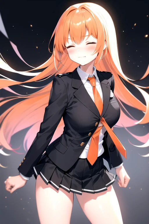 closed eyes, embrassed, blush, a cartoon woman in uniform, tron clothes:1.3, ripping clothes:1.3, bursting clothes:1.3, kureha touka, 1girl, solo, teenager, yo, large breasts, orange pleated skirt,platinum hair, long hair, diagonal bang, gold eyes,  black blazer, pleated skirt, white things high, orange neckties, collerd shirts, ,