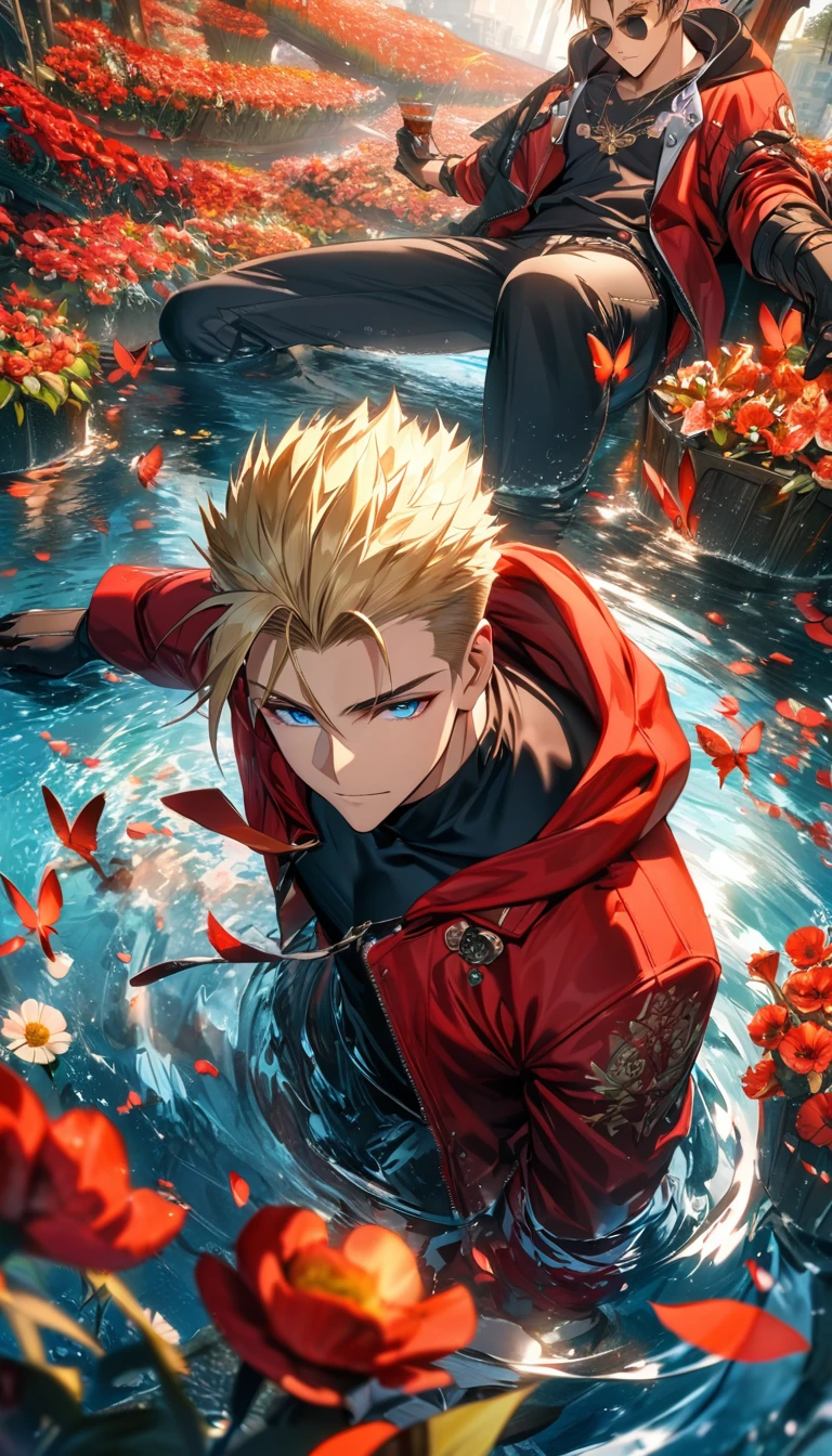 Ultra detailed, high-res, absurdres, HDR, Vash, blue eyes, blonde hair, Trigun Stampede, amber round sunglasses, flowers and petals, water, butterflies, 1 man only, very handsome, red long jacket with a hoodie, black tight shirt, black gloves