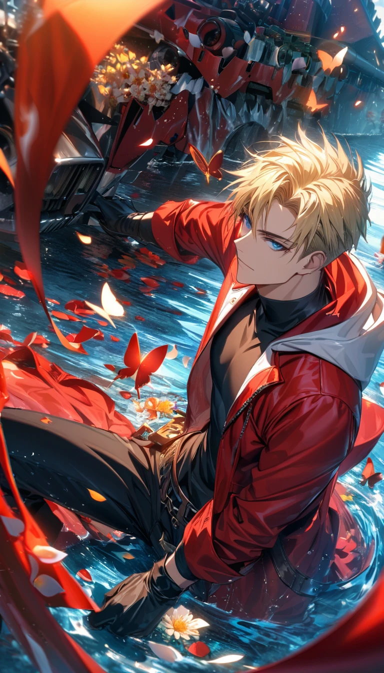 Ultra detailed, high-res, absurdres, HDR, Vash, blue eyes, blonde hair, Trigun Stampede, amber round sunglasses, flowers and petals, water, butterflies, 1 man only, very handsome, red long jacket with a hoodie, black tight shirt, black gloves