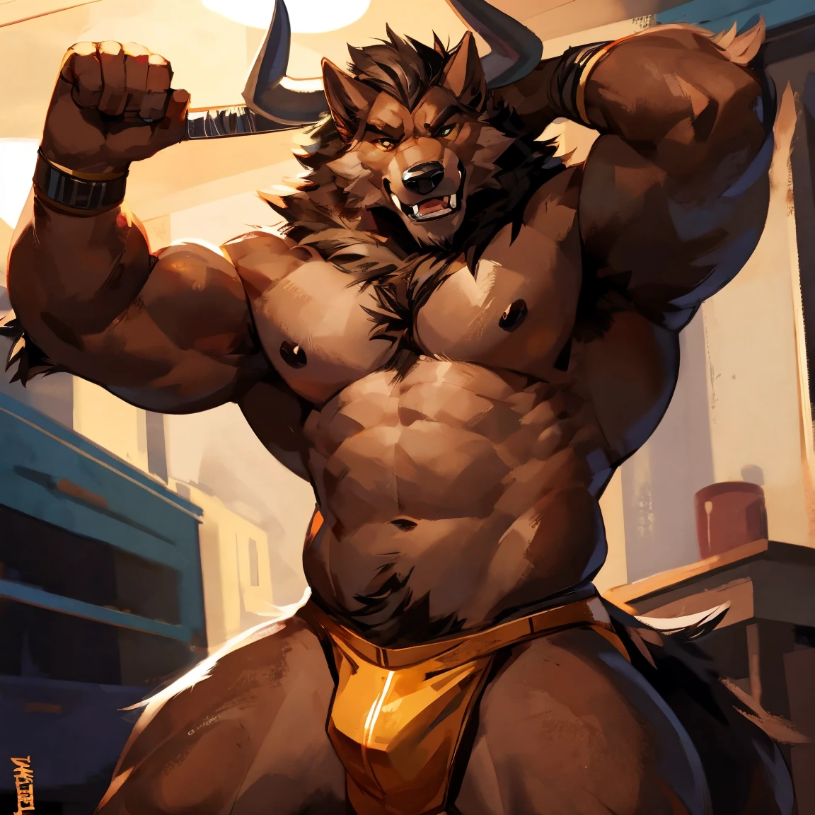 there is a cartoon of a man with a big muscular body, muscular werewolf, anthropomorphic wolf male, angry high moral sexy werewolf, a minotaur wolf, sfw version, furry chest, furry brown body, mid-shot of a hunky, whole body highly detailed, an anthro wolf, anthro wolf face, extra detailed body , By mystikfox61