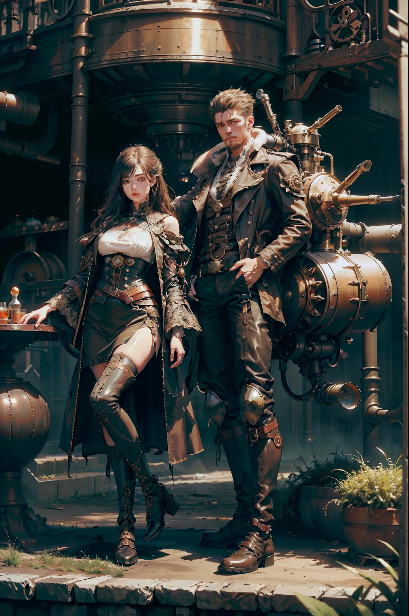 steampunk, BDSM、((table top)), Long lace-up boots up to the knee、(最high quality), nffsw, retina, Accurate, ((anatomically correct)), rough skin, Super detailed, advanced details, high quality, award-winning, 最high quality, High resolution, 8K, cast a shadow, anaglyph, stereogram, atmospheric perspective, surrealism, Depth of the bounds written, reflected light, Backlight, outside the border, move the chart, outside the frame, dutch angle, dutch angle, cowboy shot, 8K, Super detailed, Accurate, one girl, Beautiful long black hair with bangs, , long eyelashes, solid circle eye, ((very shiny skin)), (Juicy skin), Very shiny clothes, outside the house, Complex mechanical devices, Machine Wall, Gigantic Cogwheel, Countless gears, There are lots of pipes, Steam eruptions, spark of light, Many instruments,action pose, Place your left hand on your hip、Raise your right arm, spread your arms out to the sides, spread your legs,