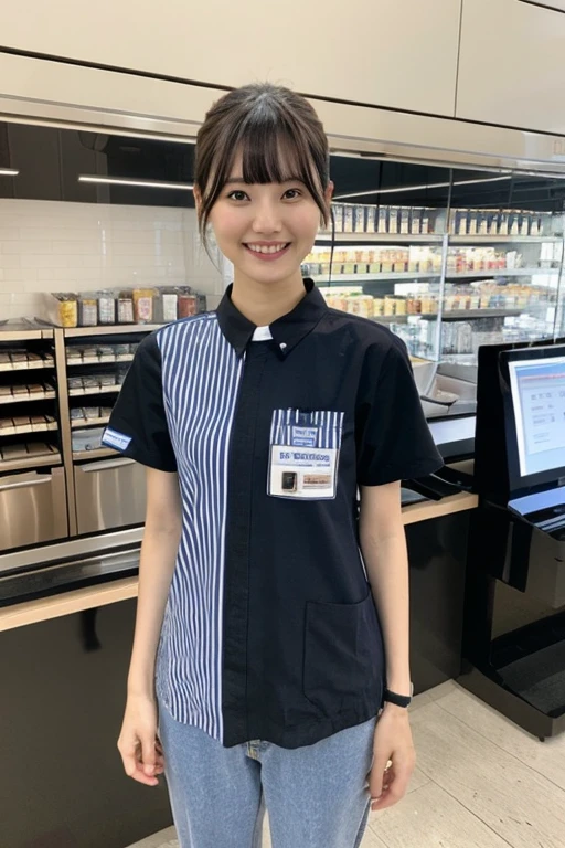 (masterpiece:1.4), (best quality:1.4) ,8K,cinematic lighting,((best quality)), (masterpiece) , (realistic shadow) , (depth of field),(intricate details:1.4), 1girl,Japanese,(Black short hair with asymmetrical bangs:1.3),Happy smiling face,(Slender body:1.4),Glasses,konbini, scenery, shop, indoors,LAWSONU, employee uniform, uniform,id card, striped, shirt, pants, standing,