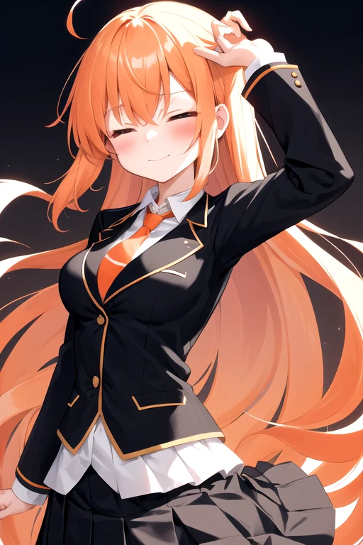 closed eyes, embrassed, blush, a cartoon woman in uniform, torn clothes:1.3, ripping clothes:1.3, bursting clothes:1.3, kureha touka, 1girl, solo, teenager, 17yo, large breasts, orange pleated skirt,platinum hair, long hair, diagonal bang, gold eyes,  black blazer, pleated skirt, white things high, orange neckties, collerd shirts, ,