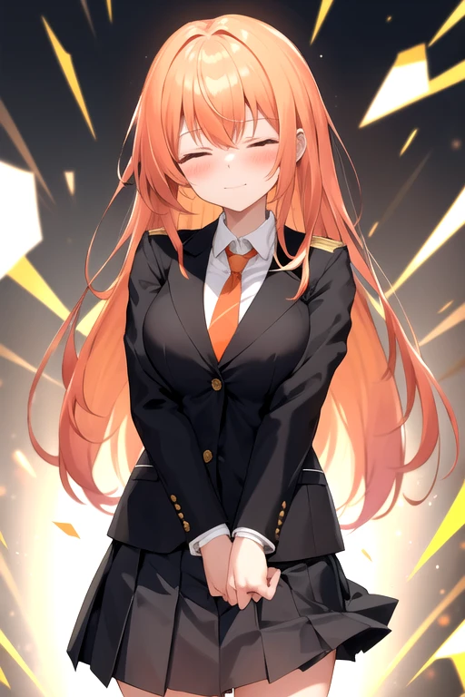 closed eyes, embrassed, blush, a cartoon woman in uniform, torn clothes:1.3, ripping clothes:1.3, bursting clothes:1.3, kureha touka, 1girl, solo, teenager, 17yo, large breasts, orange pleated skirt,platinum hair, long hair, diagonal bang, gold eyes, black blazer, pleated skirt, white things high, orange neckties, collerd shirts, ,
