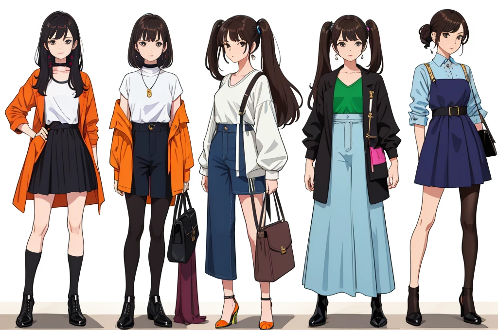 (((Best Quality))) , ((full body)), female, multiple views, white background, variety of hairstyles, variety of fashion styles, seductive pose, fashionable and trendy atmosphere, holding bag, holding iphone,
blue, orange, green, violet, brown, white,