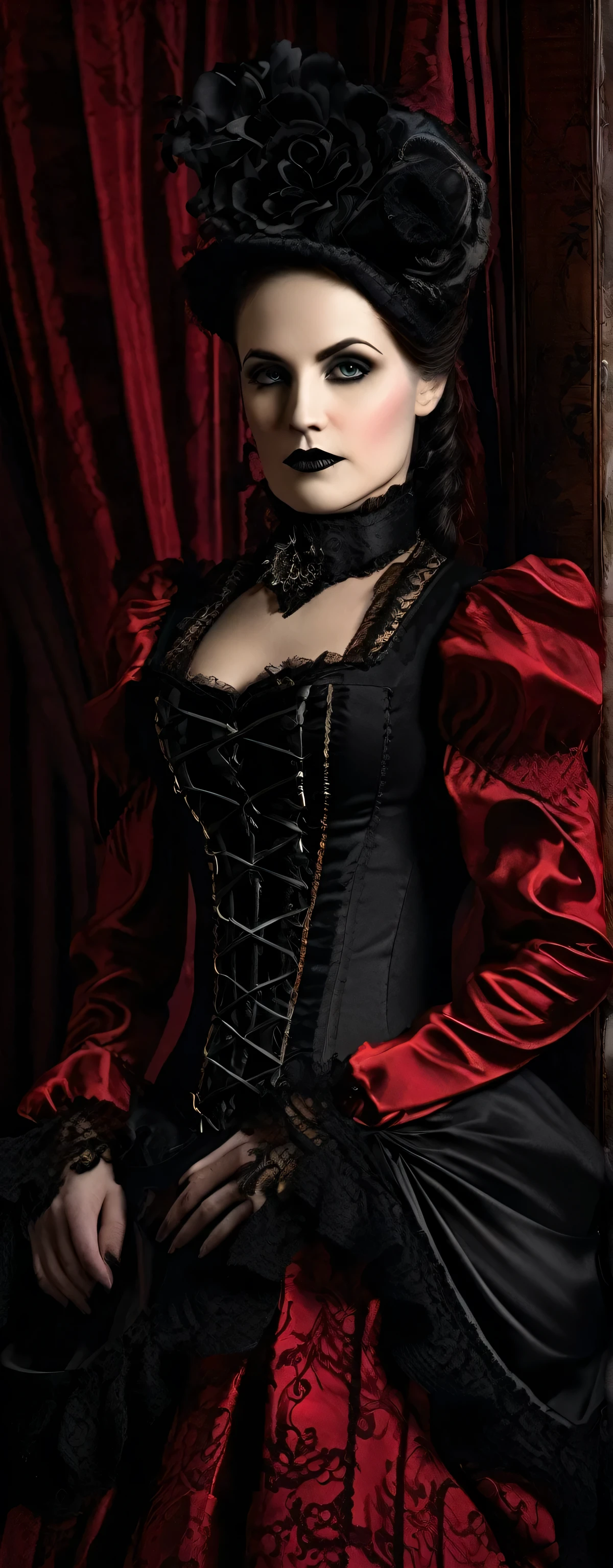 a close up of a woman in a red and black dress, corsets, corset, elegant corset, elegant victorian vampire, vests and corsets, wearing corset, gothic clothing, ornate dark red opulent clothing, very tight corset, victoriana, victorian gothic, victorian vampire, gothic regal, victorian inspired clothing, gothic fashion, victorian goth, gothic, gothic maiden