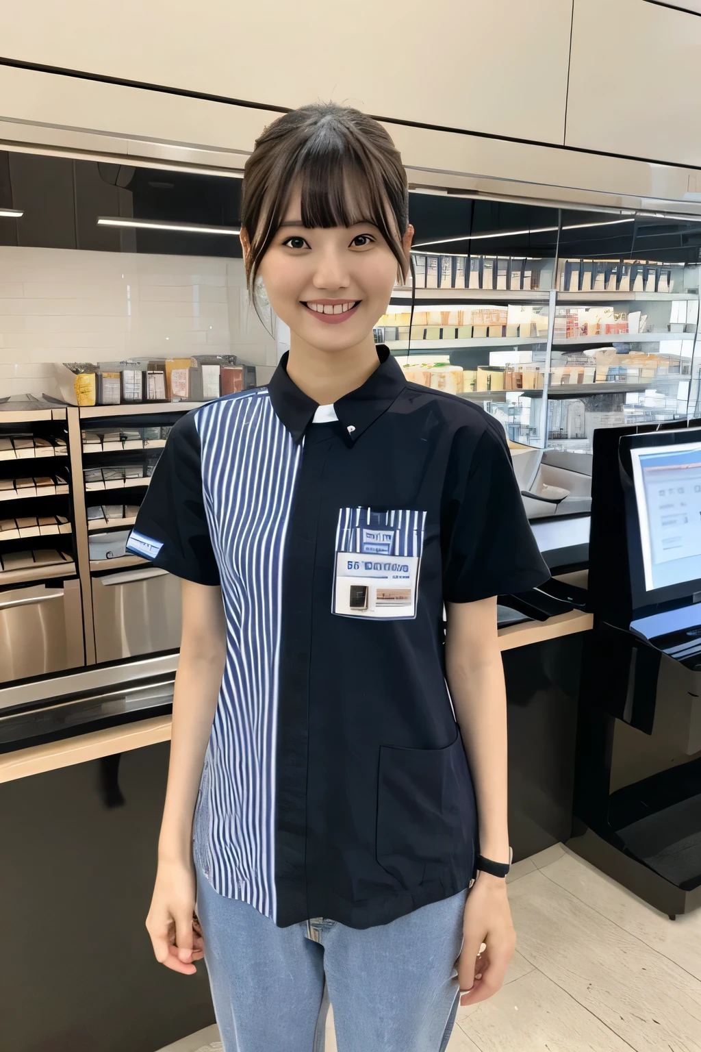 (masterpiece:1.4), (best quality:1.4) ,8K,cinematic lighting,((best quality)), (masterpiece) , (realistic shadow) , (depth of field),(intricate details:1.4), 1girl,Japanese,(Black short hair with asymmetrical bangs:1.3),Happy smiling face,(Slender body:1.4),Glasses,konbini, scenery, shop, indoors,LAWSONU, employee uniform, uniform,id card, striped, shirt, pants, standing,