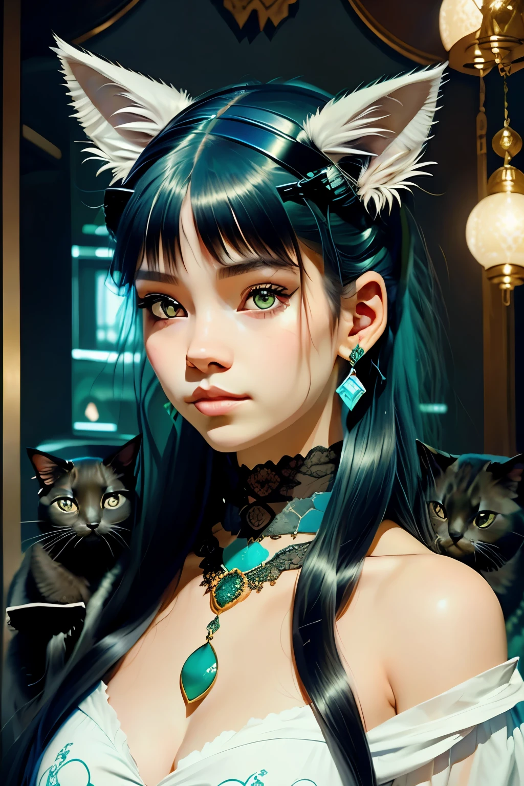 1girl, solo, long hair, slight smile, green eyes, tattoos, blue jewelry, closed mouth, black hair, earrings, lace chocker, blue lips, animal, she has a white cat on her head, cat, looking up, portrait, freckles, on head, animal on head, cat on her head,