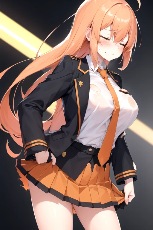 a cartoon woman in uniform holding a bow and arrow in front of her, kureha touka, 1girl, solo, teenager, 17yo, large breasts, orange pleated skirt,platinum hair, long hair, parted bangs, gold eyes,  black blazer, pleated skirt, white things high, orange neckties, collerd shirts, ,