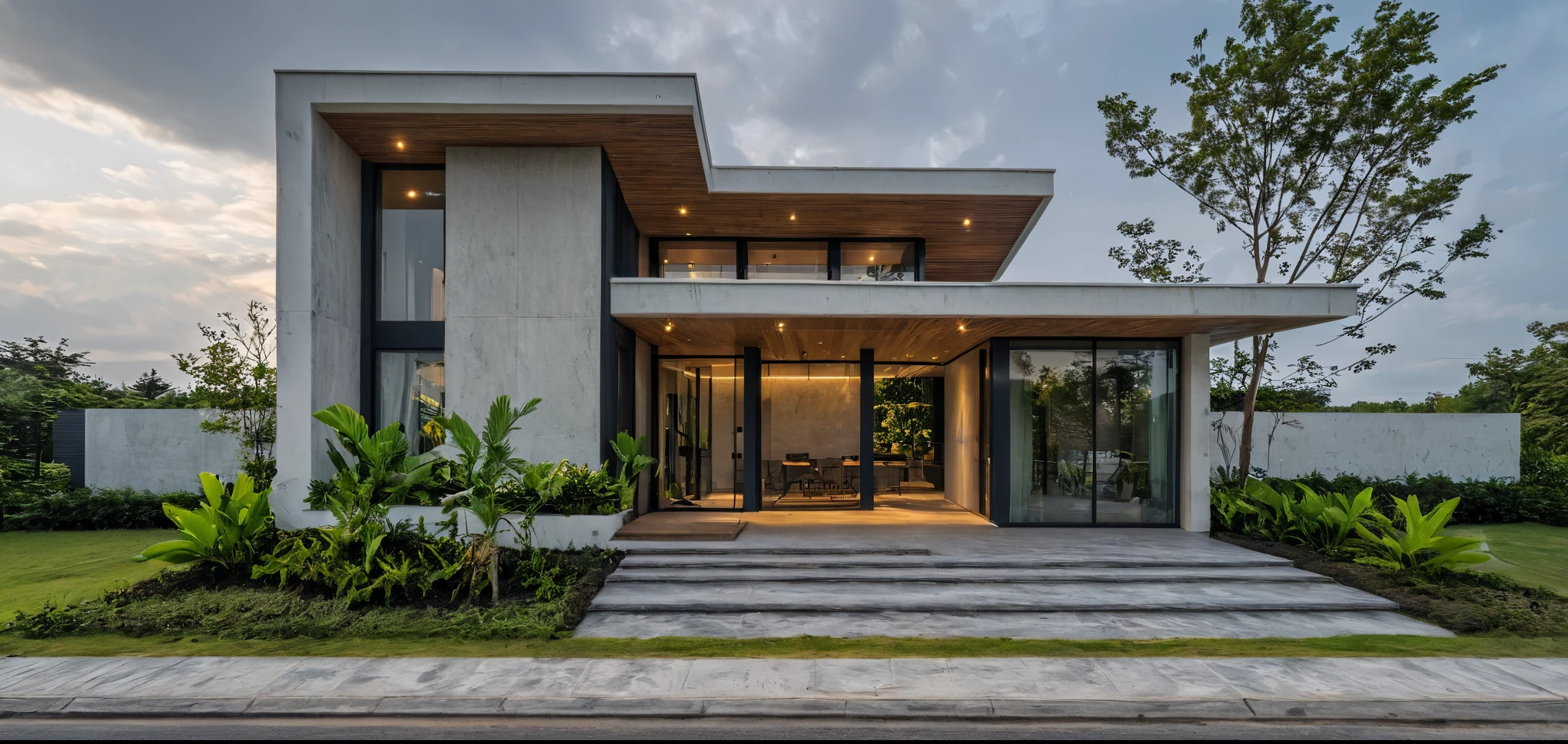 Masterpiece, high quality, best quality, authentic, super detail, outdoors, onestoreyvillaXL, aiaigroup, house style modern on the street ,stairs, white wall ,road,pavement, grass, trees, sky, cloud, (daylight:1.1)