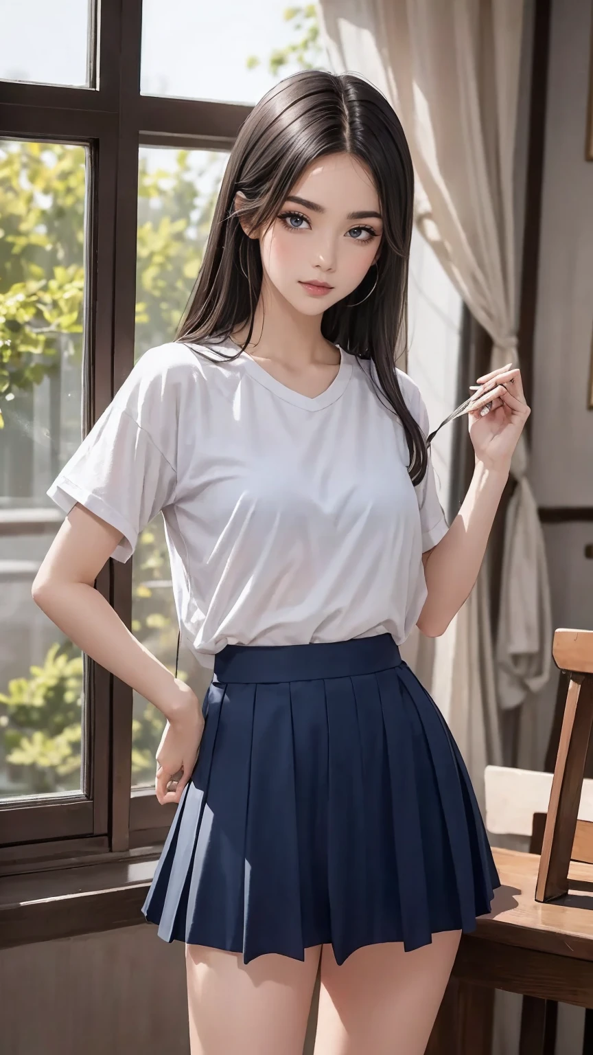 ((最high quality, 8K, masterpiece: 1.3, Ultra HD, high quality, 最high quality, High resolution, realism)) 、(high color saturation:1.0), (highly detailed skin), (最high quality:1.0), (超High resolution:1.0) ,(realistic:1.0), (Super detailed:1.0), (8K, Raw photo:1.1), slender、Slender, muscular body that's toned like an athlete's、Japanese high school classroom、One high school girl after school、wear a sailor suit、Skirt short
