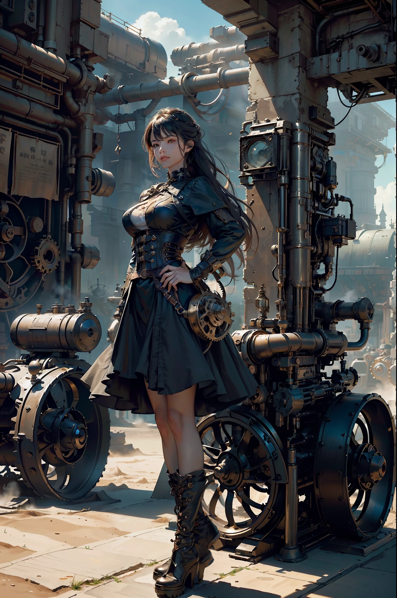 steampunk, BDSM、((table top)), Long lace-up boots up to the knee、(最high quality), nffsw, retina, Accurate, ((anatomically correct)), rough skin, Super detailed, advanced details, high quality, award-winning, 最high quality, High resolution, 8K, cast a shadow, anaglyph, stereogram, atmospheric perspective, surrealism, Depth of the bounds written, reflected light, Backlight, outside the border, move the chart, outside the frame, dutch angle, dutch angle, cowboy shot, 8K, Super detailed, Accurate, one girl, Beautiful long black hair with bangs, , long eyelashes, solid circle eye, ((very shiny skin)), (Juicy skin), Very shiny clothes, outside the house, Complex mechanical devices, Machine Wall, Gigantic Cogwheel, Countless gears, There are lots of pipes, Steam eruptions, spark of light, Many instruments,action pose, Place your left hand on your hip、Raise your right arm, spread your arms out to the sides, spread your legs,