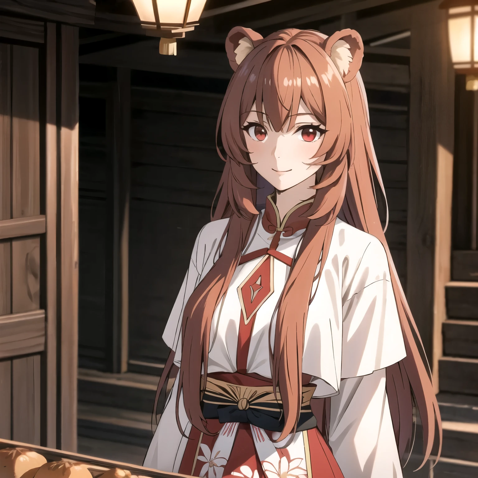 Raphtalia atractiva mujer. orejas de oso, cabello rubio naranja, red eyes like rubies, sonrisa boca abierta, rubor, pechos grandes, escote .revealing red Chinese dress with floral design, de pie frete al espectador fondo un templo.
