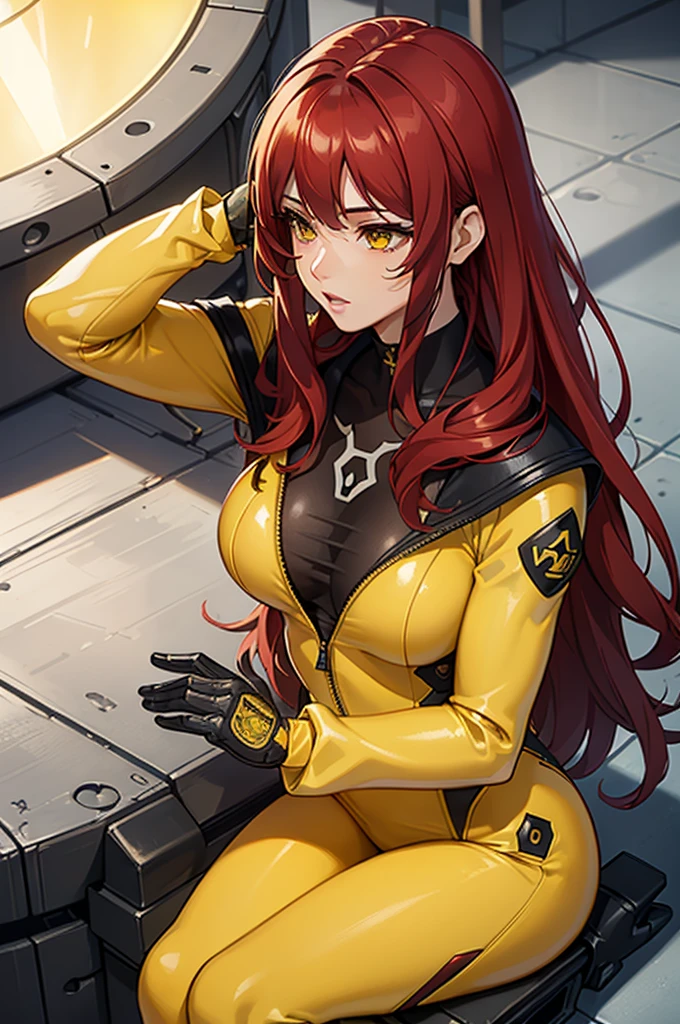(best quality,ultra-detailed,realistic:1.37),HDR,UHD,studio lighting,1girl,((armadura robo amarela)), ((yellow mechanic suit)),professional,vivid colors,bokeh,portrait,red wine hair,dark red hair,beautiful detailed yellow eyes,very long hair,pale skin,curvaceous,concrete,shadow,dark atmosphere,aviator outfit,pretty, delicate features, long lashes, big lips, beautiful, straight hair, yellow suit, sci fi suit, futuristic suit