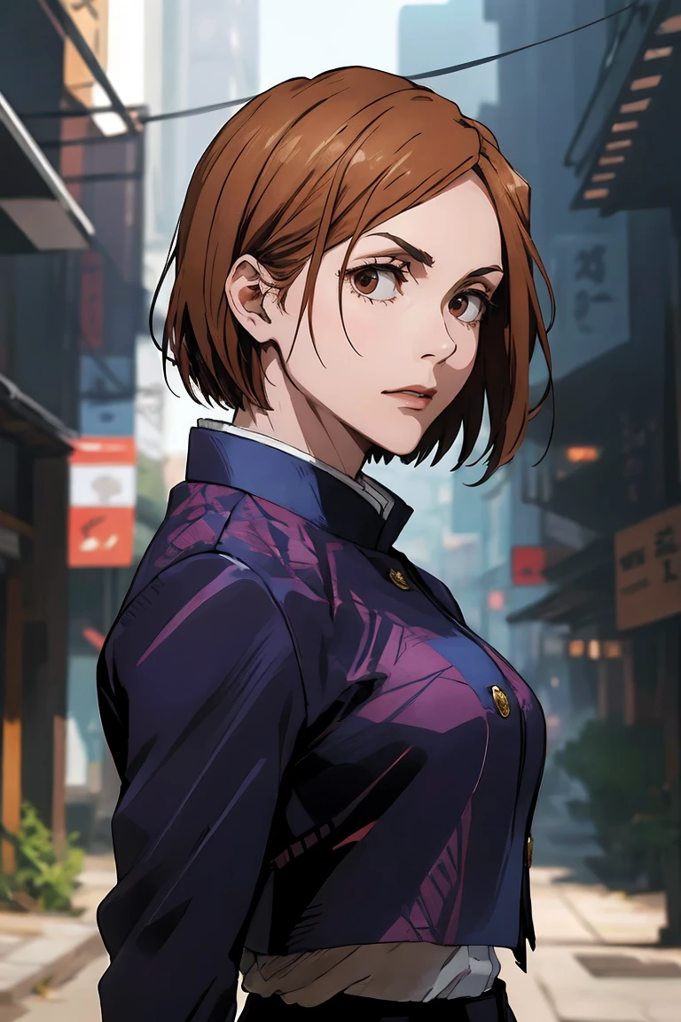 1girl, cowboy shot, beautiful Nobara, school_uniform, bangs, jacket,, volumetric lighting, best quality, masterpiece, intricate details, tonemapping, sharp focus, hyper detailed, trending on Art Station, 4k, upper body, backwards, looking back