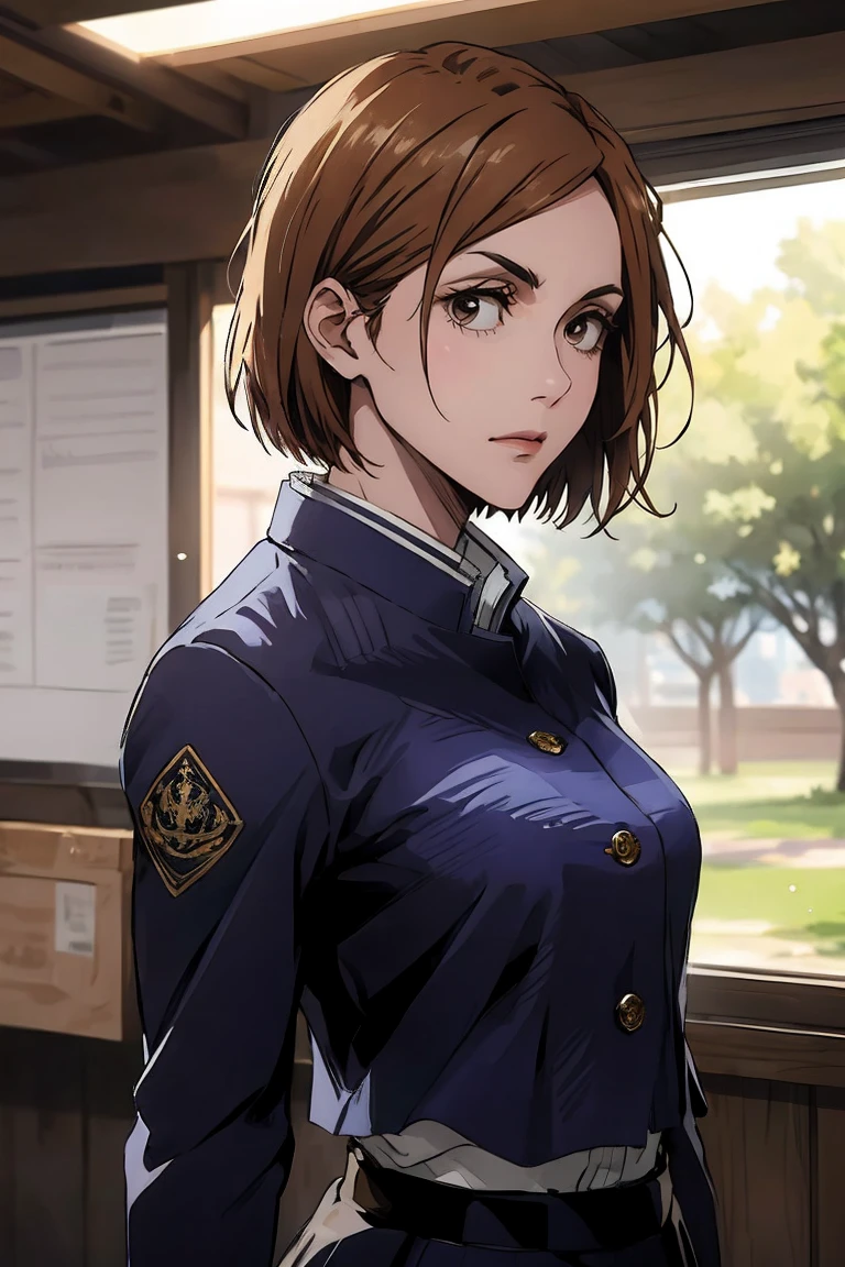 1girl, cowboy shot, beautiful Nobara, school_uniform, bangs, jacket,, volumetric lighting, best quality, masterpiece, intricate details, tonemapping, sharp focus, hyper detailed, trending on Art Station, 4k, upper body, backwards, looking back