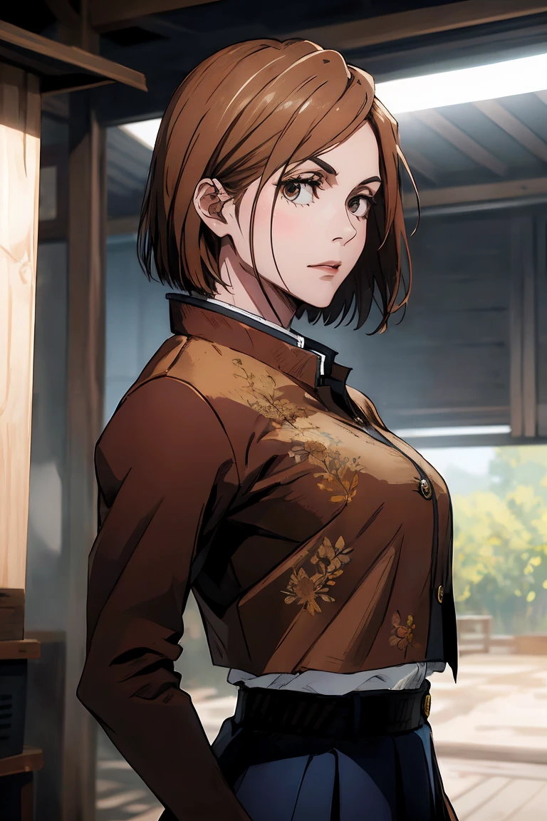 1girl, cowboy shot, beautiful Nobara, school_uniform, bangs, jacket,, volumetric lighting, best quality, masterpiece, intricate details, tonemapping, sharp focus, hyper detailed, trending on Art Station, 4k, upper body, backwards, looking back