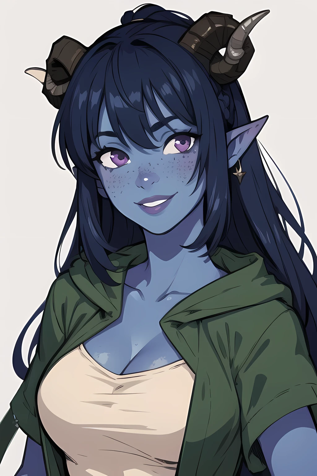 masterpiece, best quality, 1girl, jesterlavorre, blue hair,  purple eyes, blue skin, freckles, colored skin, horns, pointy ears,, tiefling, smile, looking at viewer, solo , cleavage 