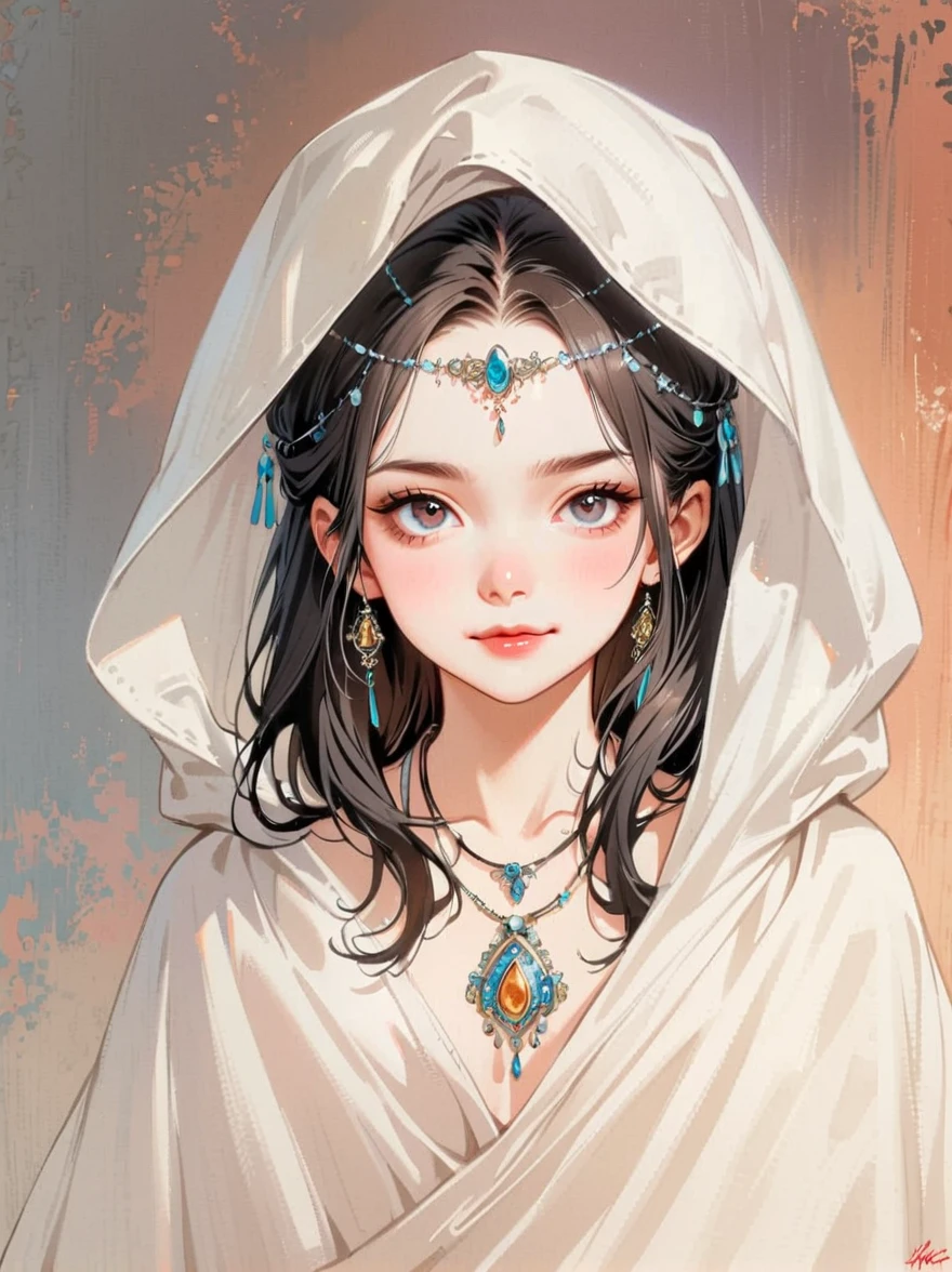 ,long hair,black hair,(Emma Watson:0.8),(hide in blanket,curtain:1.4),stare,looking at viewer,(upper body,face focus,close up),realistic artist,(head chains,(jewelry:1.3):1.1),necklace,halter,(translucent:1.2), (see through:1.2),(intricate details:1.5),((silly,smug))