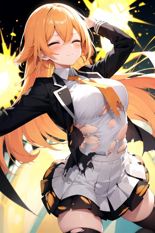 closed eyes, embrassed, blush, touka`s transformation, yellow glowing translucent background, a cartoon woman in uniform, ((torn clothes:1.3)), ((ripping clothes:1.3)), ((bursting clothes:1.3)), kureha touka, 1girl, solo, ager, 17yo, large breasts, orange pleated skirt,platinum hair, long hair, diagonal bang, gold eyes, black blazer, pleated skirt, white things high, orange neckties, collerd shirts, ,