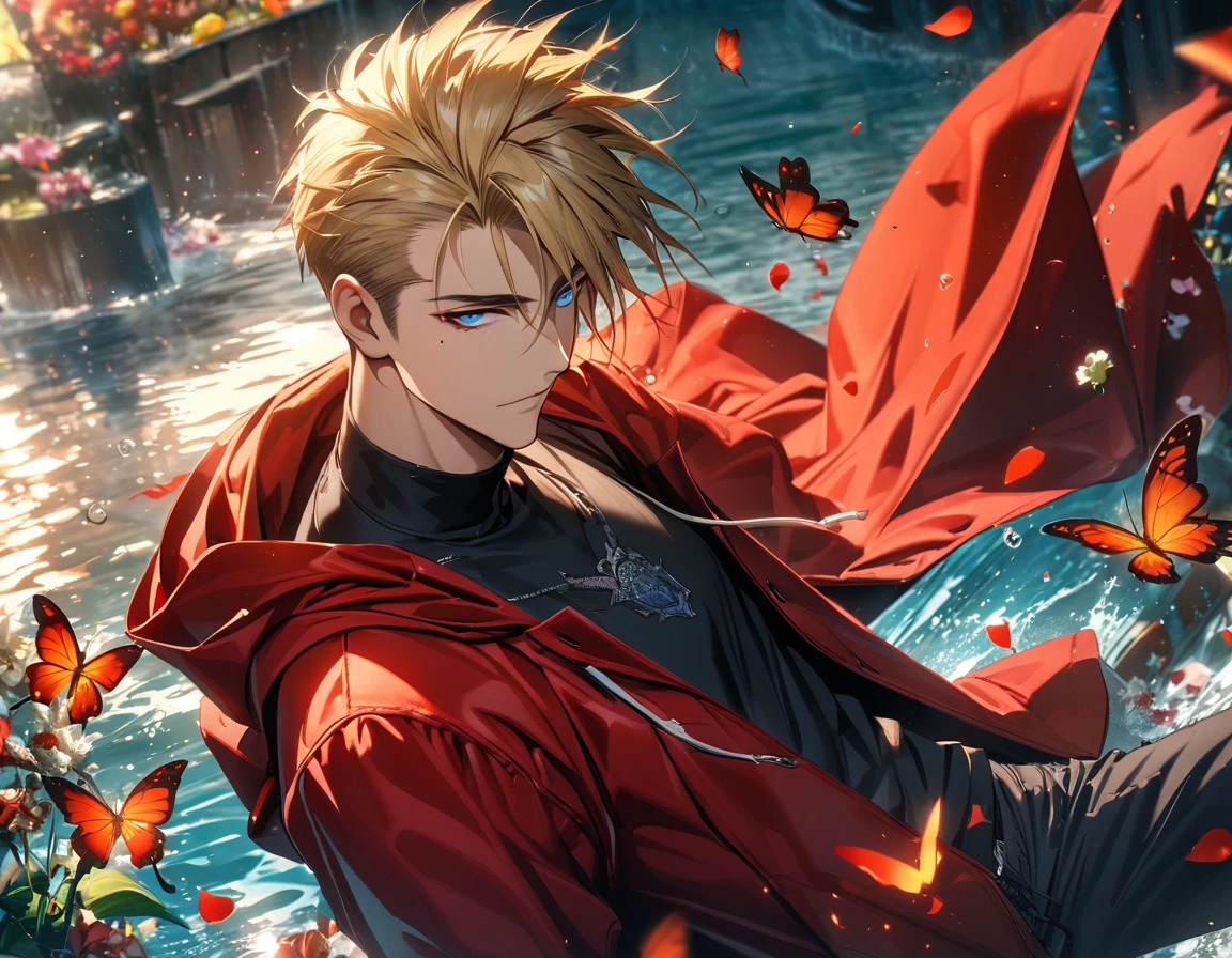 Ultra detailed, high-res, absurdres, HDR, Vash, blue eyes, blonde hair, Trigun Stampede, amber round sunglasses, flowers and petals, water, butterflies, 1 man only, very handsome, red long coat with a hoodie, black tight shirt, mole under his left eye,