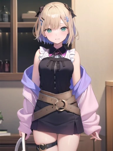 (masterpiece:1.3)、((High resolution))、((high quality))、((Super detailed))、((game CG))、1 girl、perfect balance、perfect face、detailed face、cute face、beautiful detailed eyes、Expressive eyes、pretty eyes、shiny eyes、perfect body、beautiful body、Walnut noa、short hair、colorful hair、hair ribbon、hair ornament、neck ribbon、sleeveless shirt、off shoulder、pink jacket、open clothes、belt、skirt、thigh strap、Bicycle shorts、skirtの下のショートパンツ、smile、closed mouth、blush、Are standing、