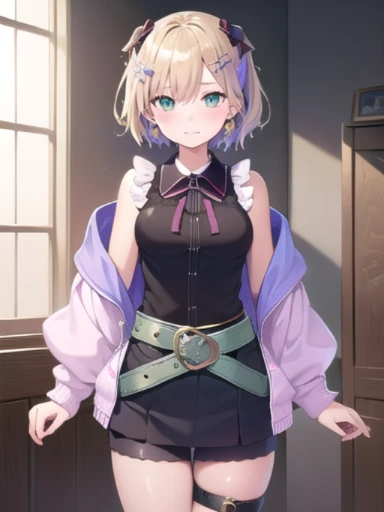 (masterpiece:1.3)、((High resolution))、((high quality))、((Super detailed))、((game CG))、1 girl、perfect balance、perfect face、detailed face、cute face、beautiful detailed eyes、Expressive eyes、pretty eyes、shiny eyes、perfect body、beautiful body、Walnut noa、short hair、colorful hair、hair ribbon、hair ornament、neck ribbon、sleeveless shirt、off shoulder、pink jacket、open clothes、belt、skirt、thigh strap、Bicycle shorts、skirtの下のショートパンツ、smile、closed mouth、blush、Are standing、