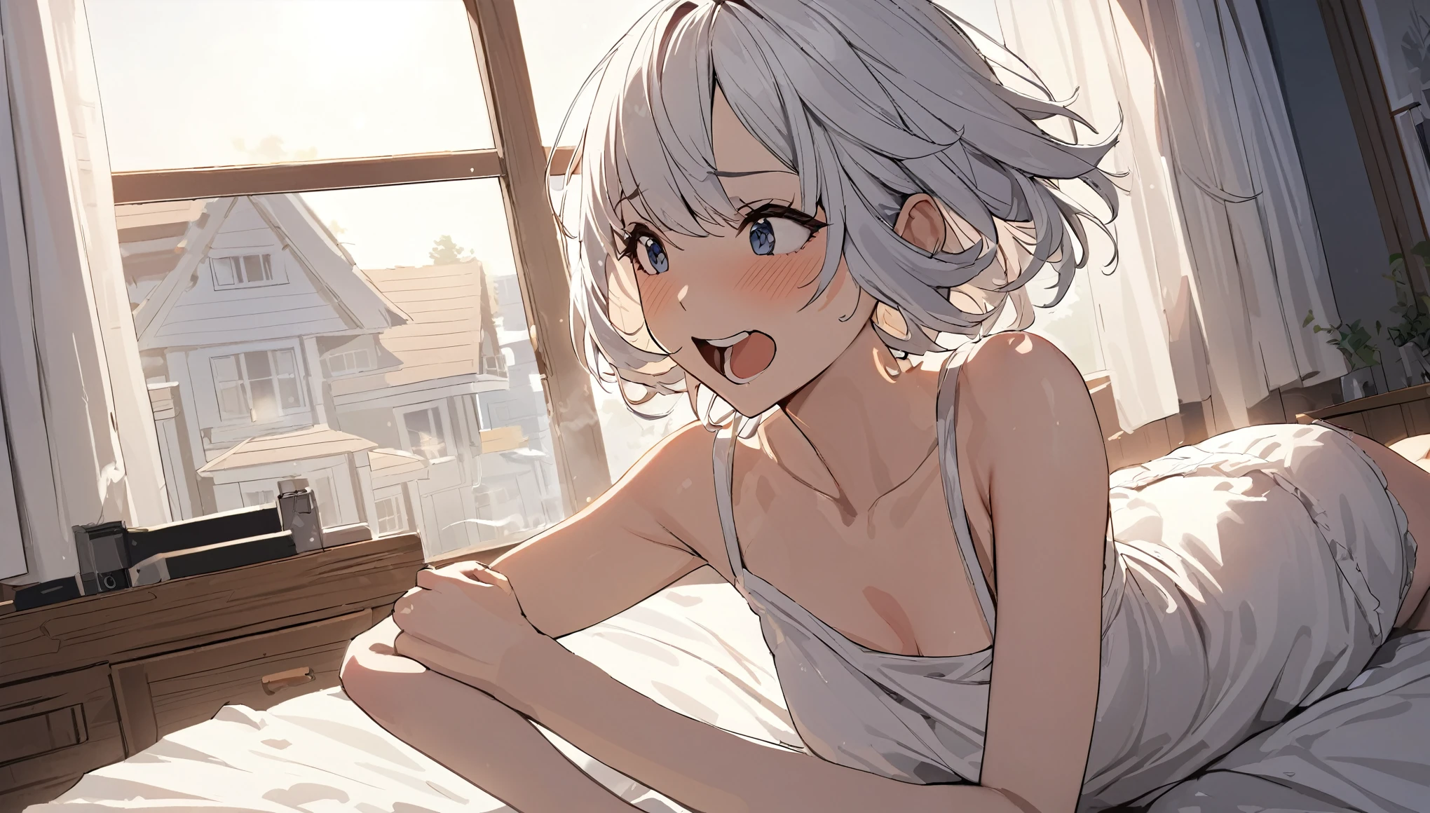 Woman, White Hair Short, Sexy, With just one shirt, Excited, Wake up, Bed, Morning, House, High details, 4K, Masterpiece
