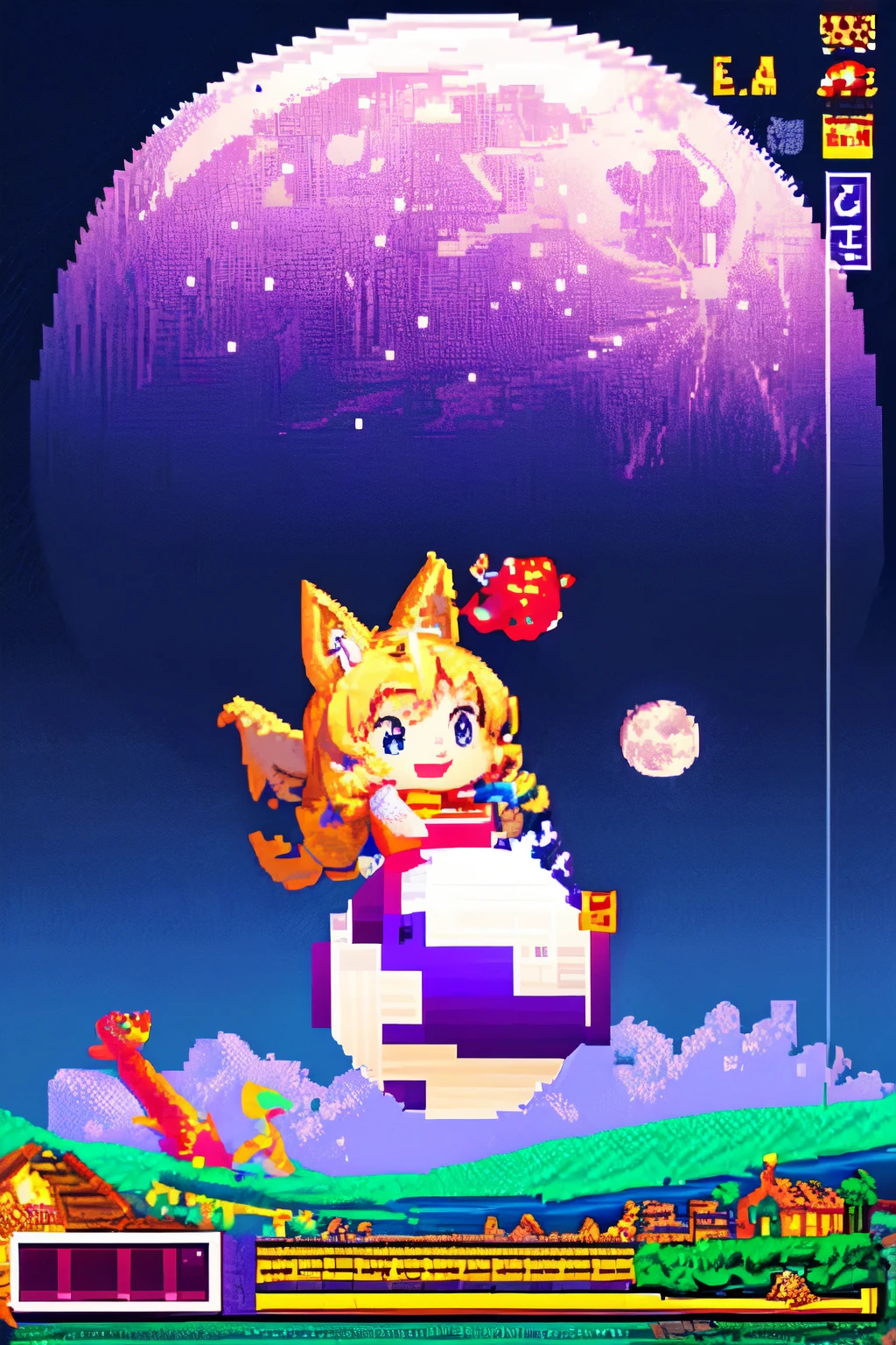 ((beautiful full moon)), ((cute snes pixel art)), (cute environment), black and purple colors.