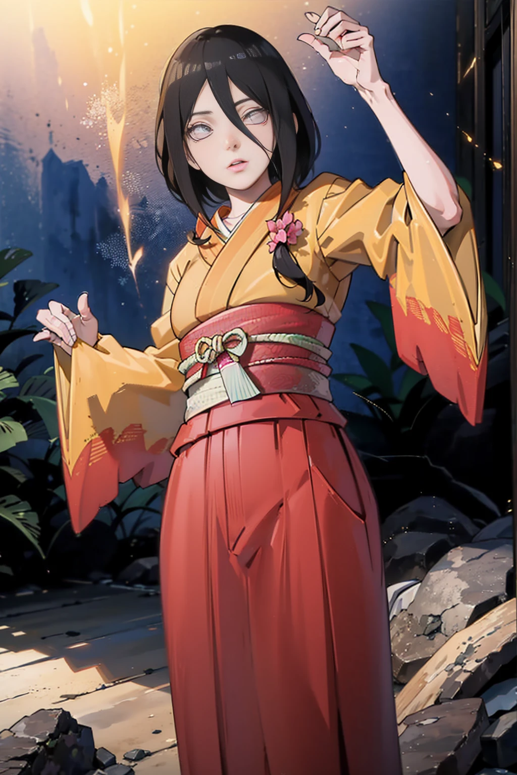 tmasterpiece, hoang lap , (Complicated details), (rich colourful), movie lighting, bust, the Extremely Detailed CG Unity 8K Wallpapers , Hinata flower ratio, 1girll, solo, orange kimono, Red hakama skirt, obi strip, Wide sleeves, looking at viewert, ventania, Combat posture, Low hair tied long,dinamic poses