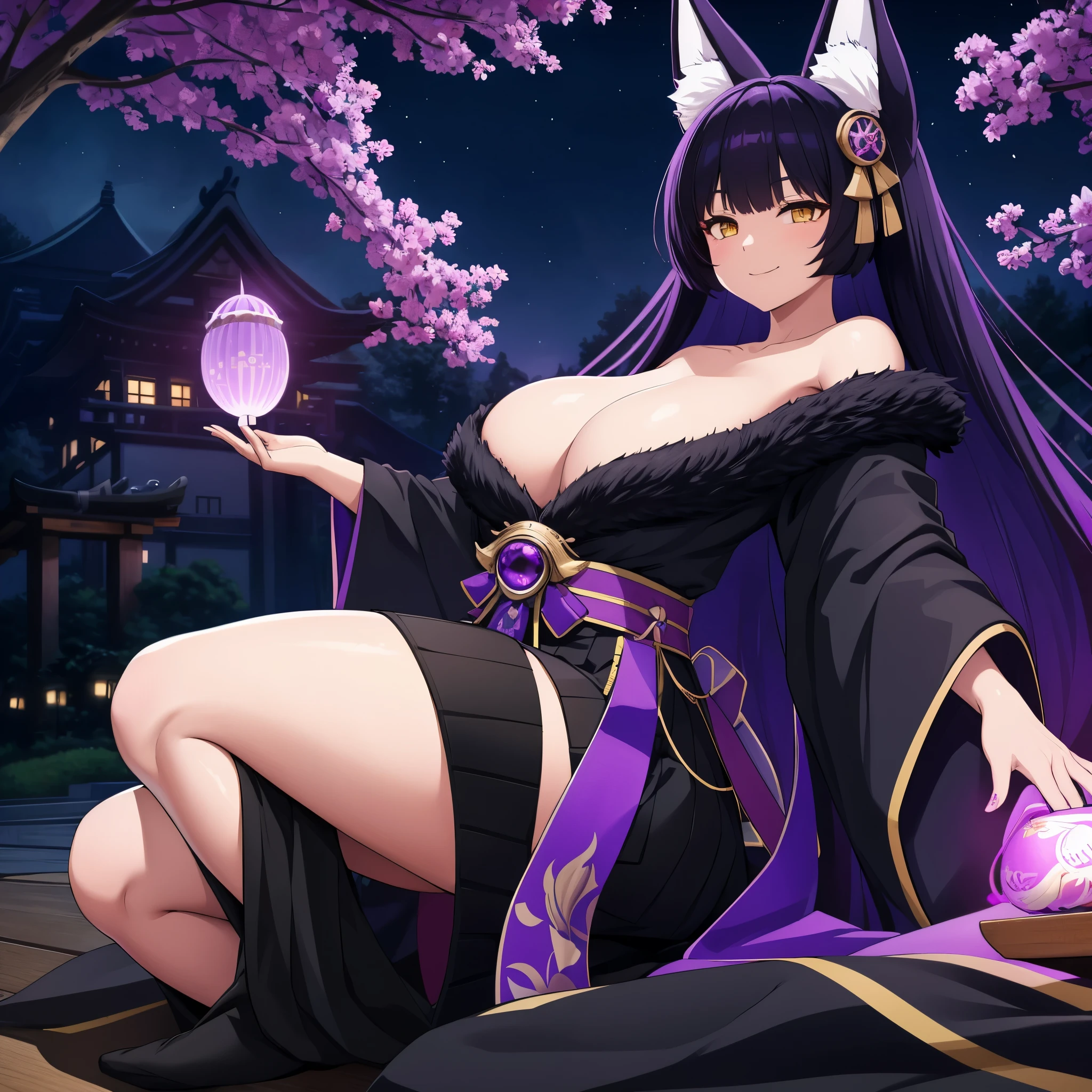 A woman wearing a kimono with a short dark purple skirt, dark purple fur cape, kitsune ears, kitsune tail, multi tail, large breasts, in a Japanese garden at night, with purple rays in the sky, yellow eyes, smiling,HDR, ultra resolution, very detailed, masterpiece, ultra quality, 4K HD.
